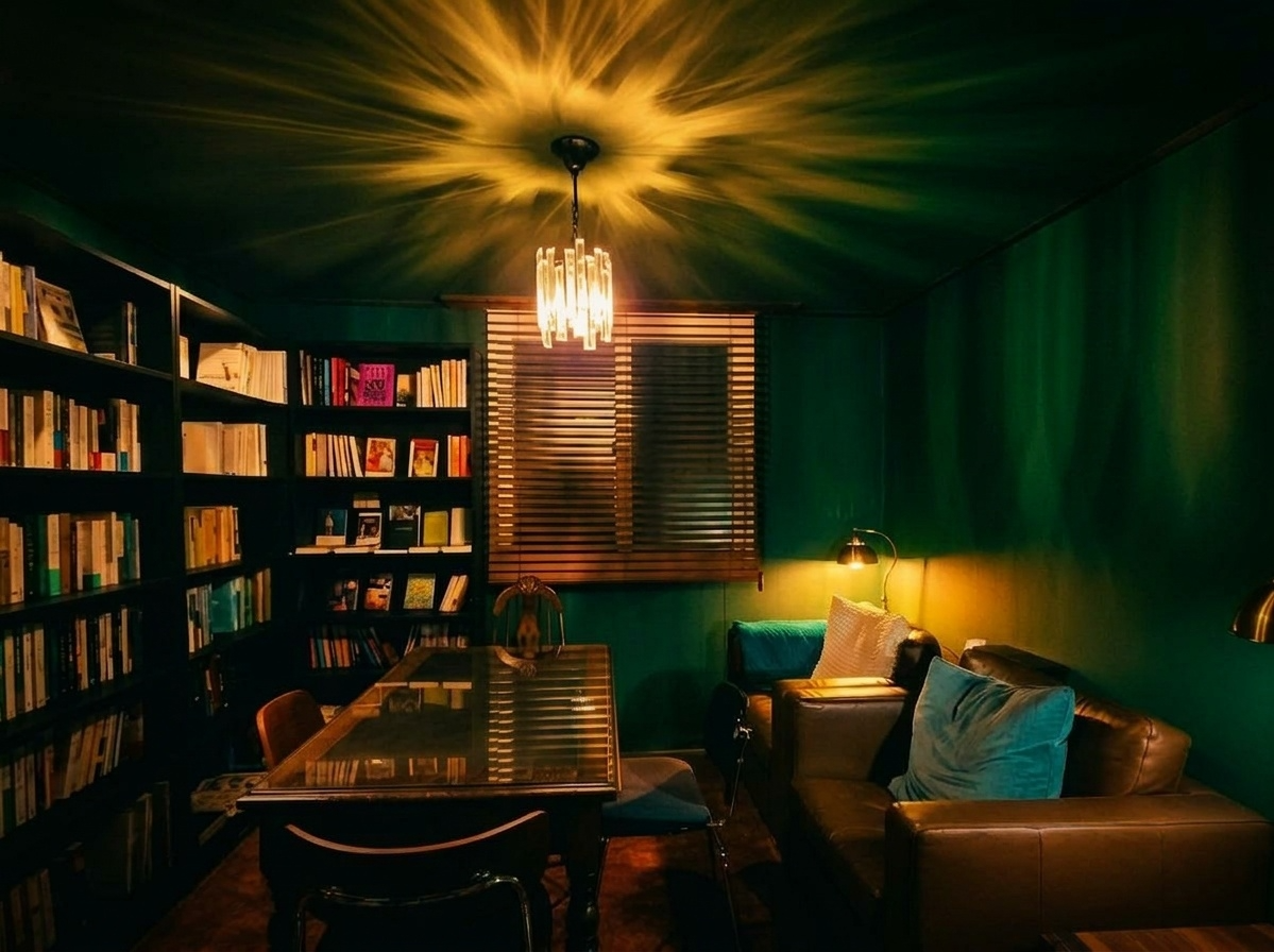 소롯 내부 공간 — 책장과 샹들리에