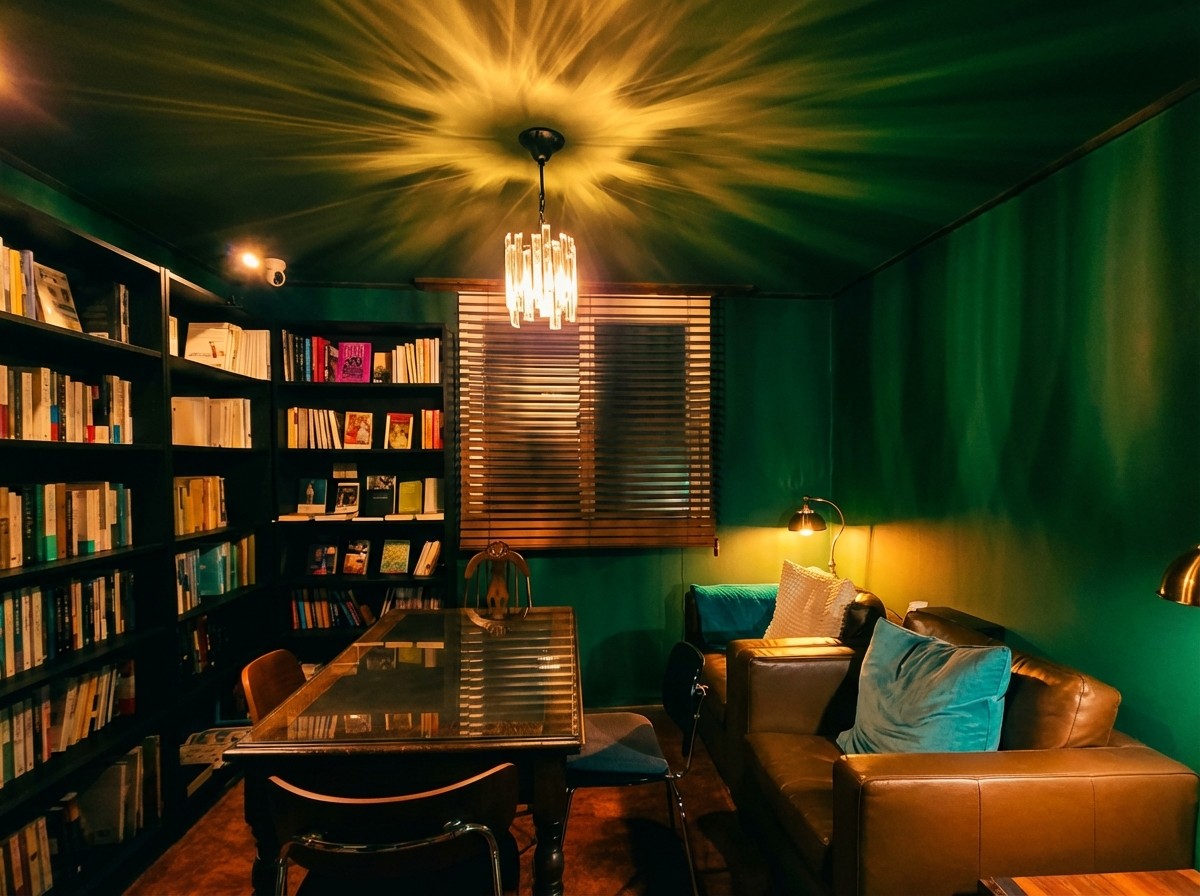 소롯 내부 공간 — 책장과 샹들리에